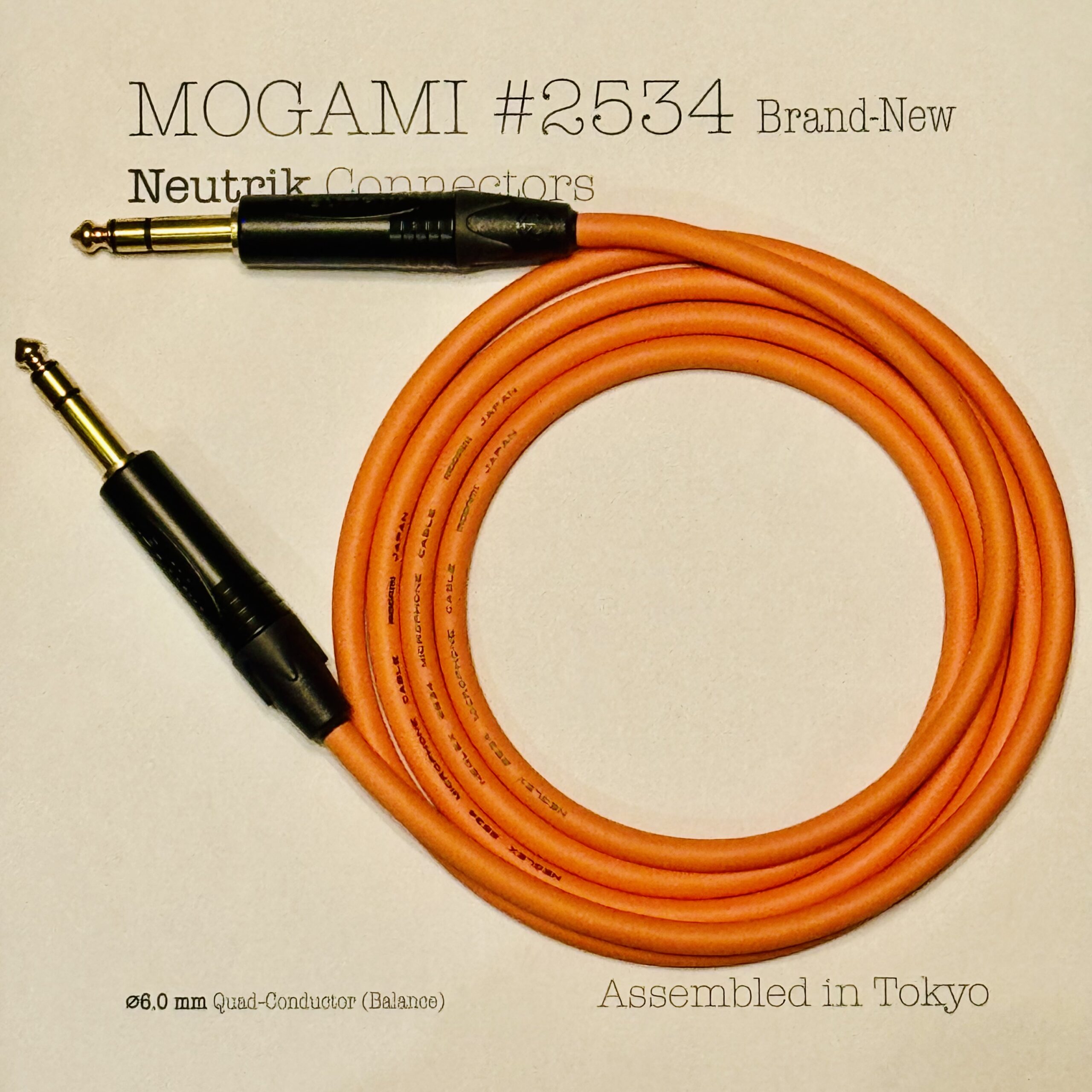 Neutrik NP3X-B TRS and NP3X-B TRS connectors on Mogami 2534 Orange cable