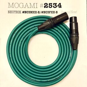 Mogami 2534 Green XLR microphone cable with Neutrik NC3MXX-B and NC3FXX-B connectors