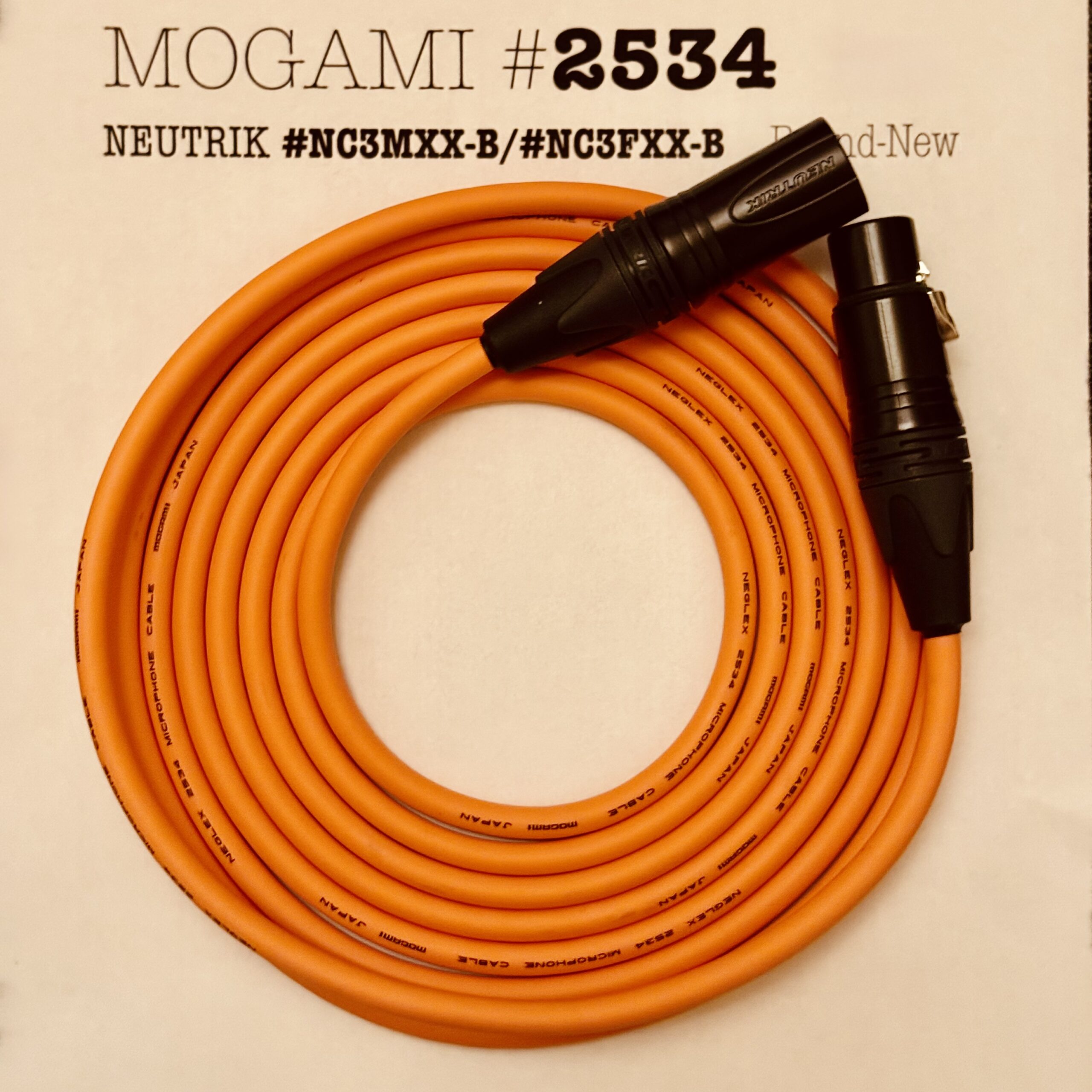 Mogami 2534 Orange XLR microphone cable with Neutrik NC3MXX-B and NC3FXX-B connectors
