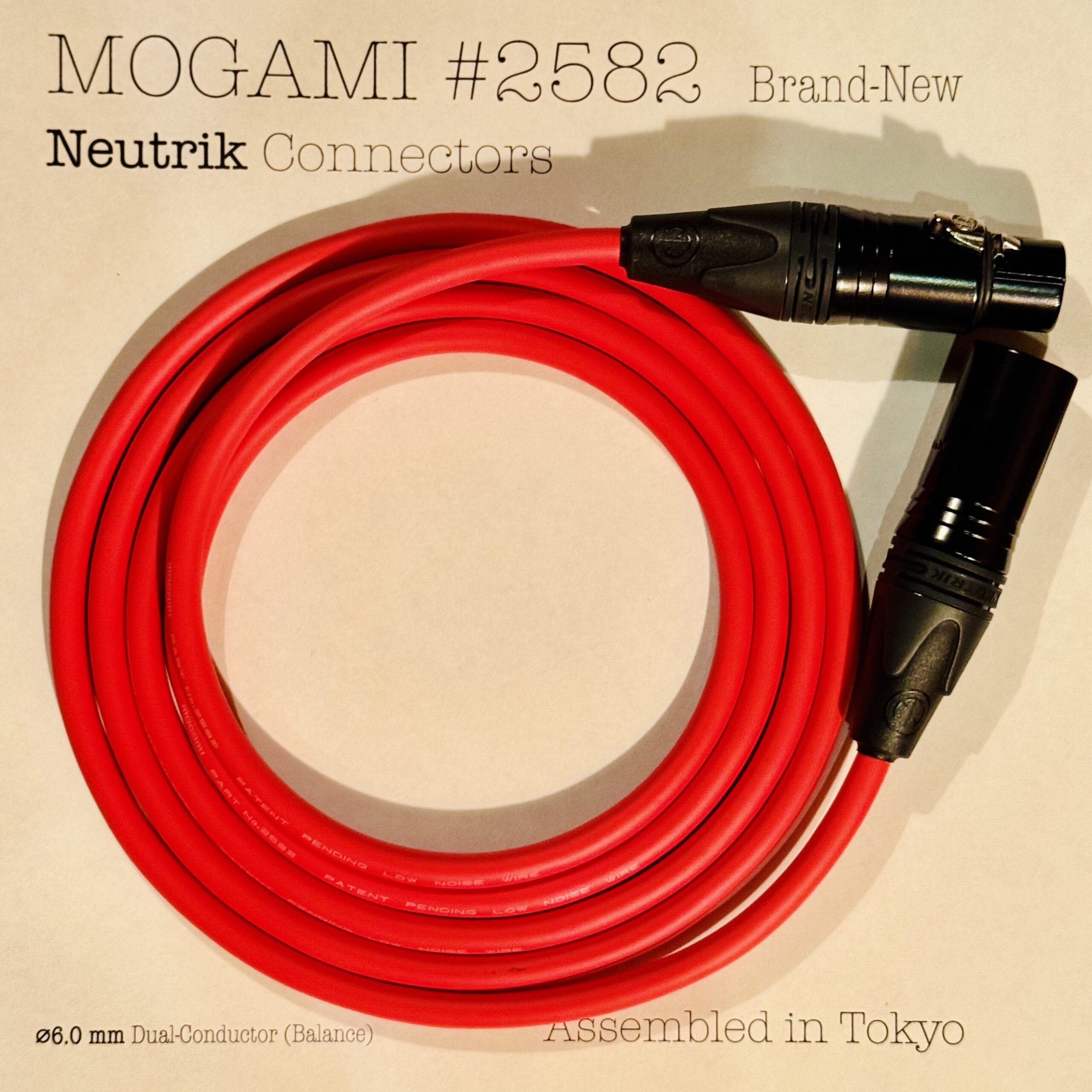 Mogami 2582 Red XLR microphone cable with Neutrik NC3MXX-B and NC3FXX-B connectors