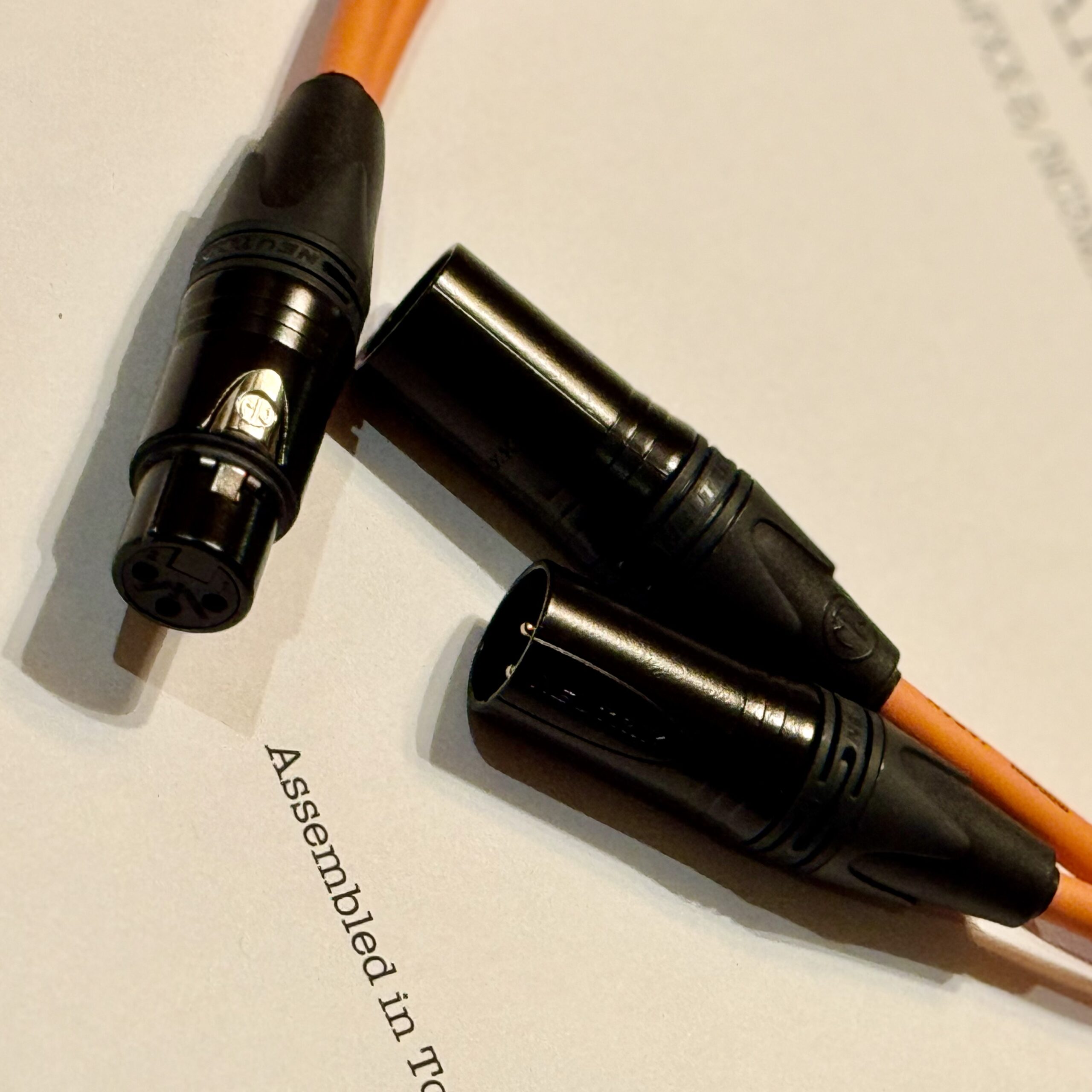 1× NC3FXX-B XLR Female and 2× Neutrik NC3MXX-B XLR Male connectors connectors on Mogami 2534 Orange Parallel 2-Way splitter XLR cable