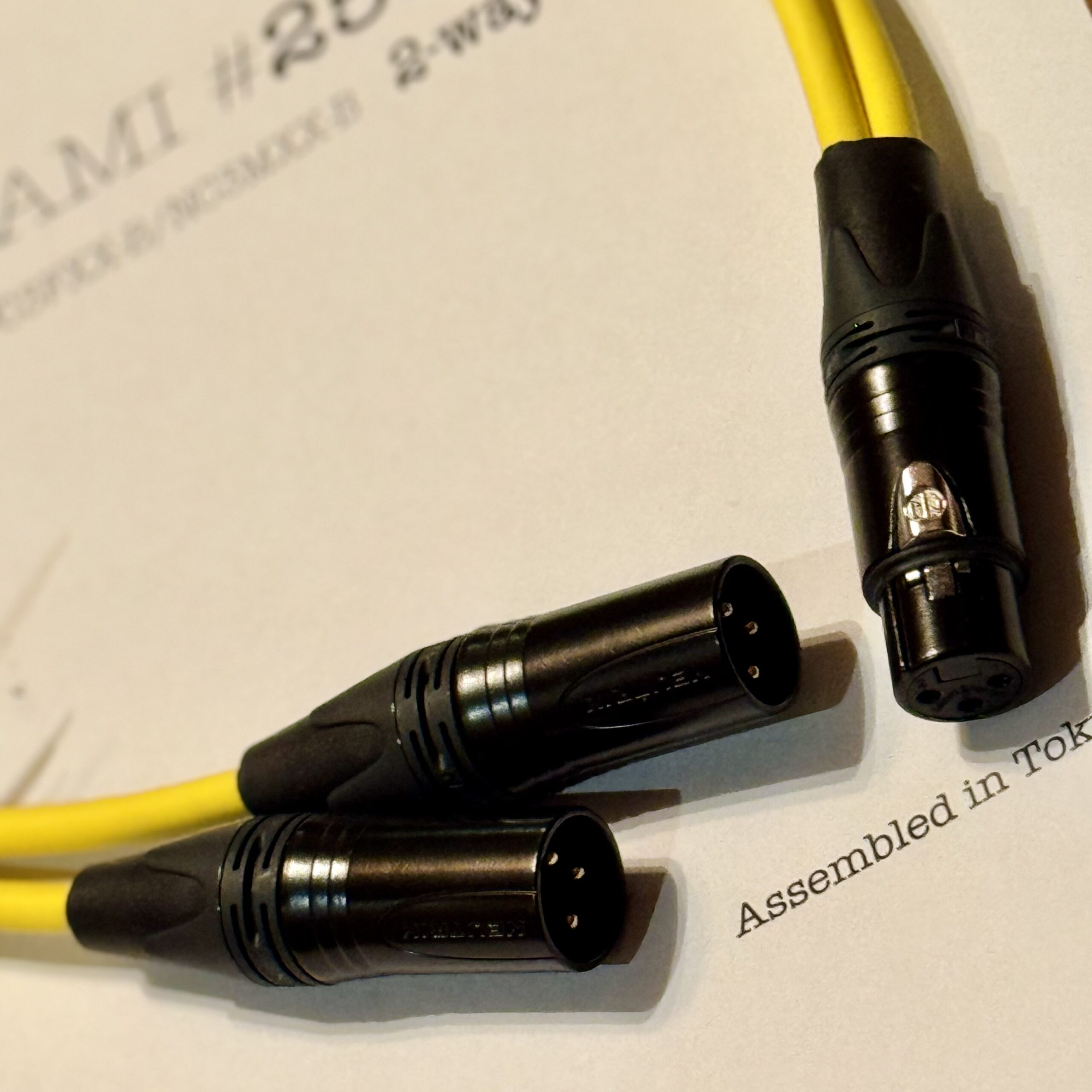 1× NC3FXX-B XLR Female and 2× Neutrik NC3MXX-B XLR Male connectors connectors on Mogami 2534 Yellow Parallel 2-Way splitter XLR cable