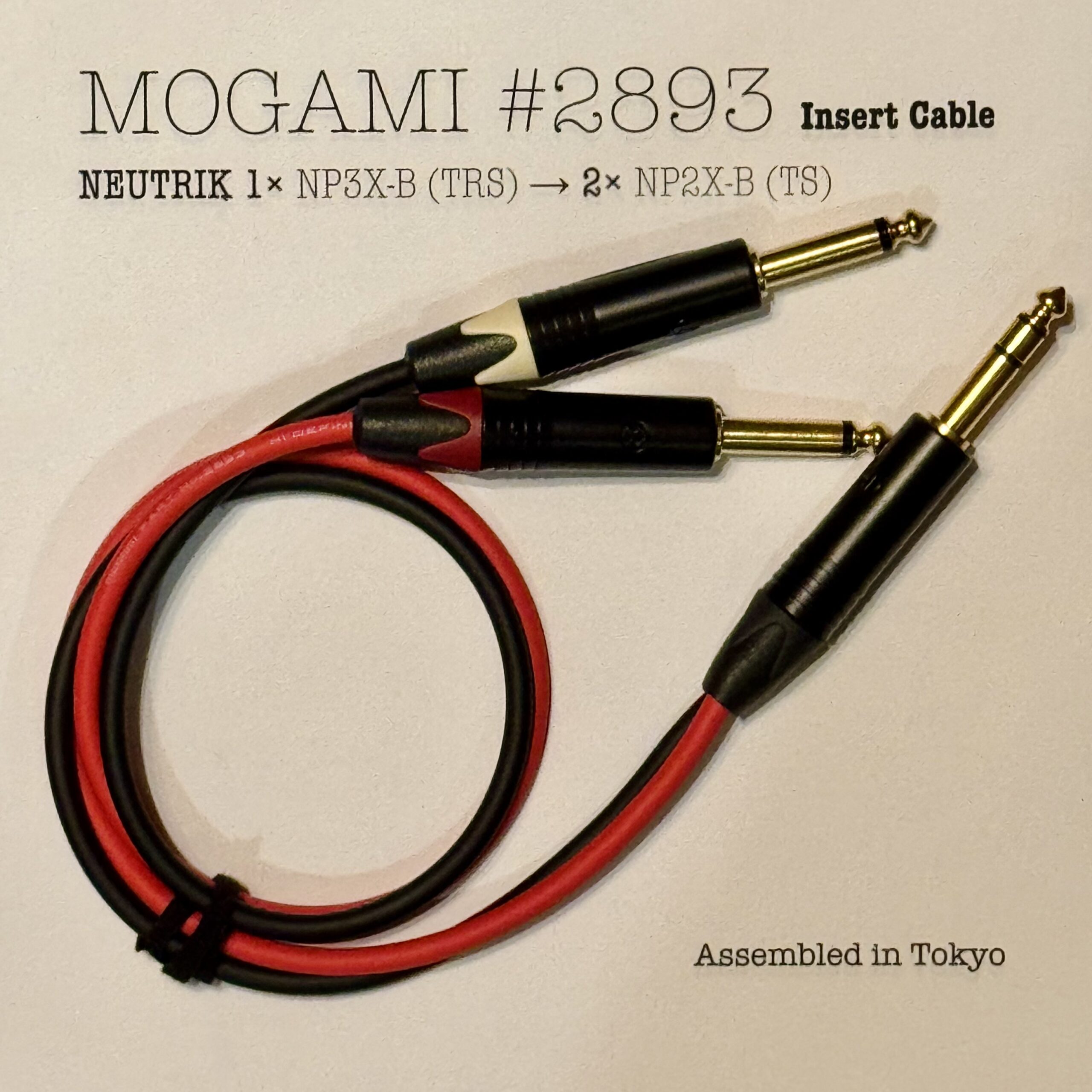 Mogami 2893 Red and Black Insert cable with 1× 1/4 6.35mm TRS NP2FX-B and 2× 1/4 6.35mm TS Neutrik NPXX-B connectors