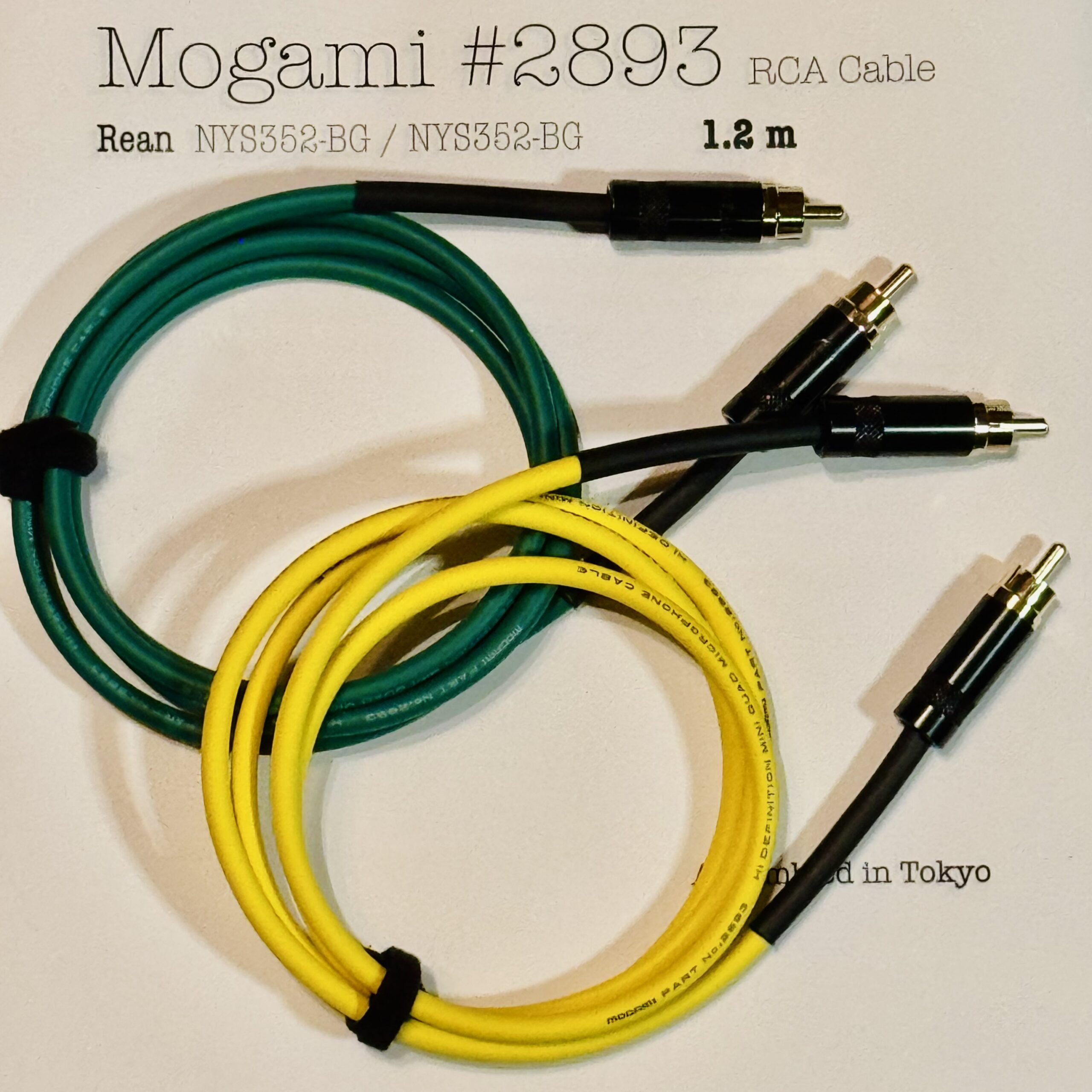4 ft 2 pcs Mogami 2893 Yellow and Green RCA Interconnect with Neutrik / Rean NYS352-BG and NYS352-BG connectors