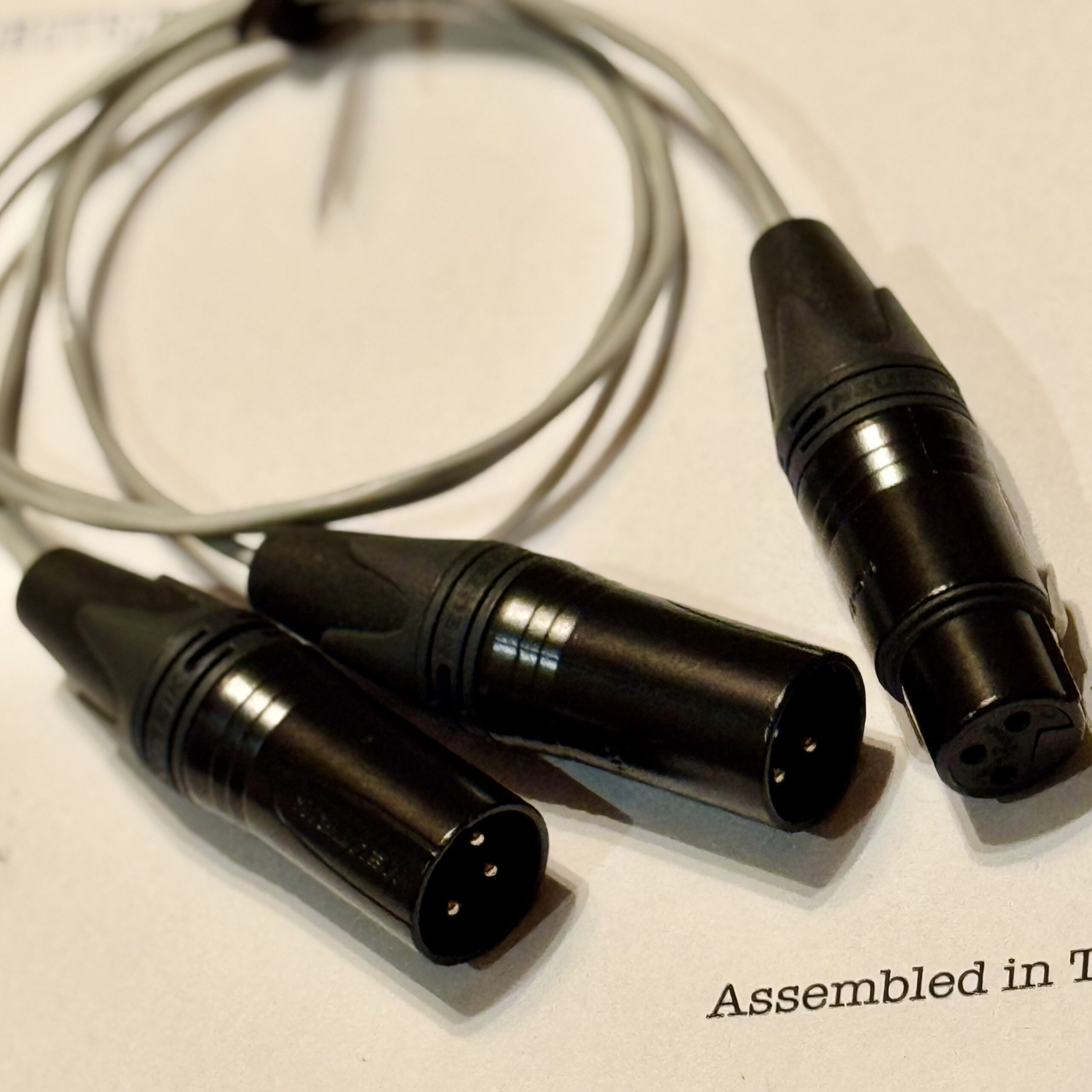 1× NC3FXX-B XLR Female and 2× Neutrik NC3MXX-B XLR Male connectors connectors on Mogami 2944 Gray Parallel 2-Way splitter XLR cable