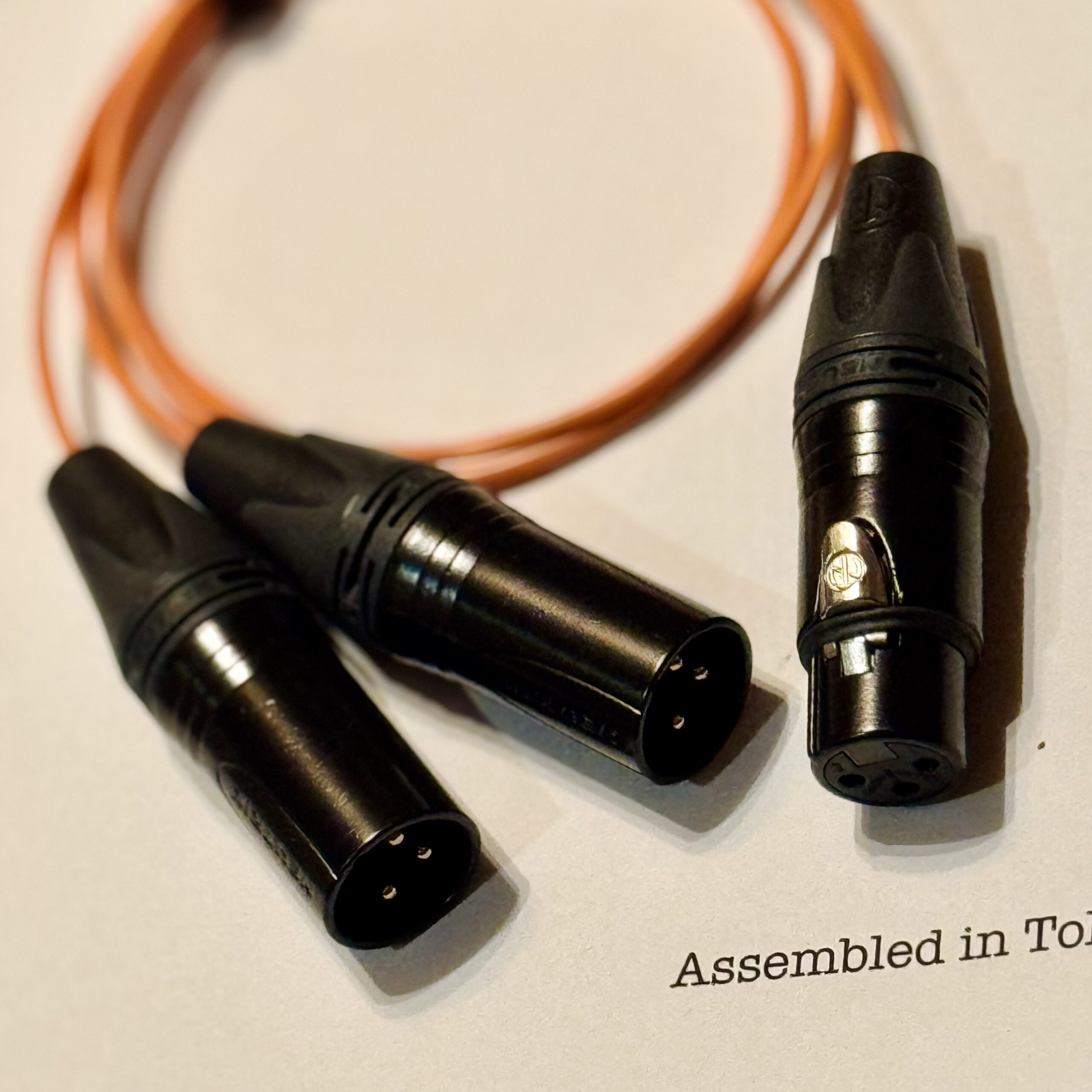 1× NC3FXX-B XLR Female and 2× Neutrik NC3MXX-B XLR Male connectors connectors on Mogami 2944 Orange Parallel 2-Way splitter XLR cable