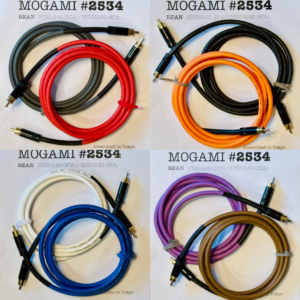Four-panel collage of Mogami 2534 RCA cable pairs in gray and red, black and orange, blue and white, and purple and brown.